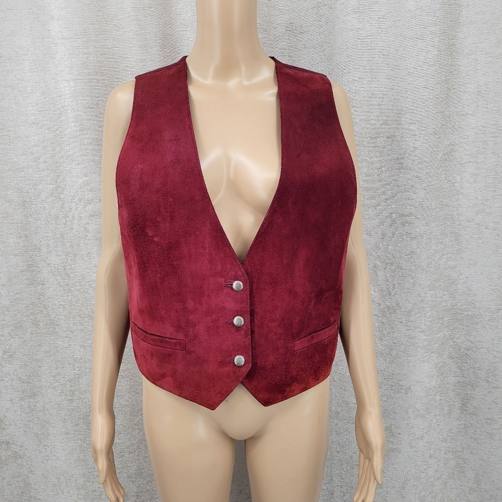 Vintage Burgundy Suede Vest with Silver Toned Concho Buttons